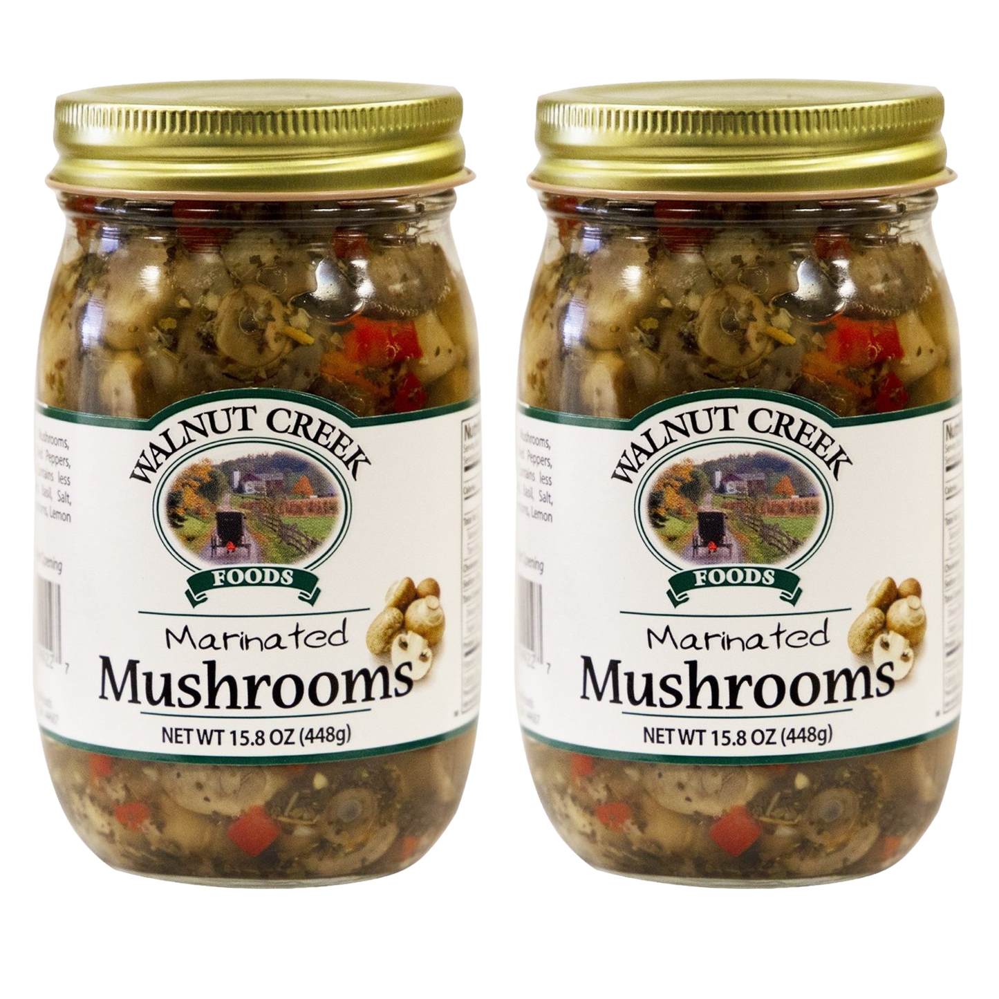 Two glass jars of handcrafted marinated mushrooms with red peppers and onions, prepared in USA, ideal for Kitchen & Food, Pantry, and Best Sellers collections.