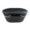 Oval cast iron roaster with flat bottom and sturdy metal bail handle, designed for durable outdoor cooking over campfires, featured in Farm, Garden & Tool and Camping collections.