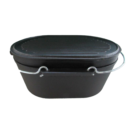 Oval cast iron roaster with flat bottom and sturdy metal bail handle, designed for durable outdoor cooking over campfires, featured in Farm, Garden & Tool and Camping collections.