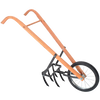 Handcrafted garden cultivator with a steel tine assembly, wooden handles, and a durable small wheel, designed for efficient soil tilling and weed removal, made in USA.