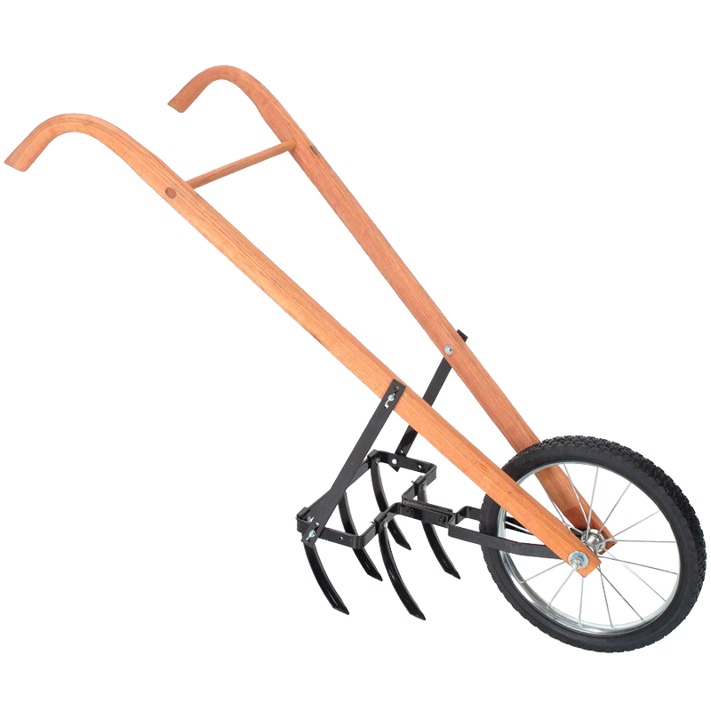 Handcrafted garden cultivator with a steel tine assembly, wooden handles, and a durable small wheel, designed for efficient soil tilling and weed removal, made in USA.