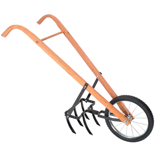 Handcrafted garden cultivator with a steel tine assembly, wooden handles, and a durable small wheel, designed for efficient soil tilling and weed removal, made in USA.