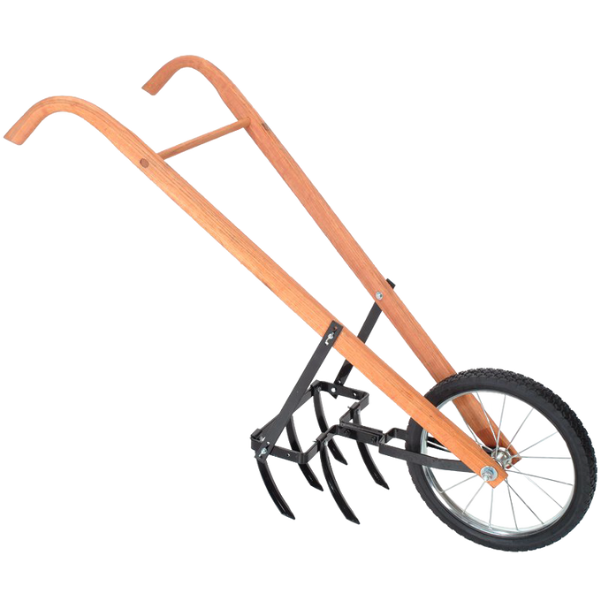 Handcrafted garden cultivator with a steel tine assembly, wooden handles, and a durable small wheel, designed for efficient soil tilling and weed removal, made in USA.