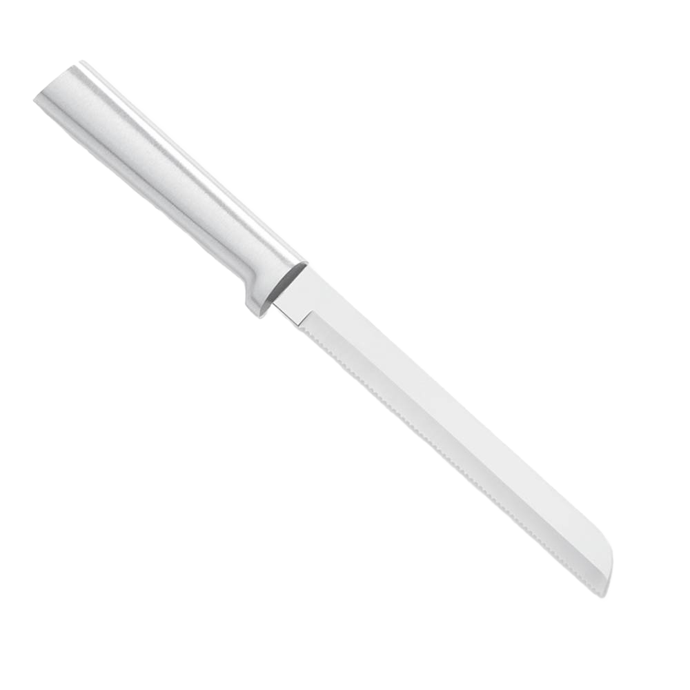 Handcrafted serrated bread knife with a stainless steel blade and handle, made in USA, ideal for slicing crusty and soft bread, featured in Kitchen & Food and Knives & Axes collections.