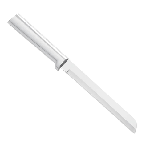 Handcrafted serrated bread knife with a stainless steel blade and handle, made in USA, ideal for slicing crusty and soft bread, featured in Kitchen & Food and Knives & Axes collections.