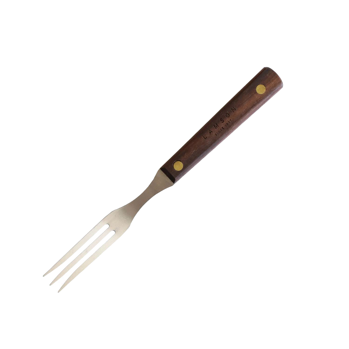 Handcrafted old-fashioned kitchen fork with three stainless steel tines and brass-riveted dark brown hardwood handle, made in USA, featured in Kitchen & Food and Cooking Helpers collections.