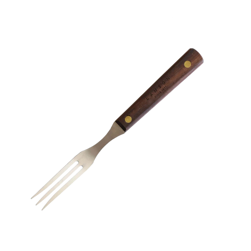 Handcrafted old-fashioned kitchen fork with three stainless steel tines and brass-riveted dark brown hardwood handle, made in USA, featured in Kitchen & Food and Cooking Helpers collections.