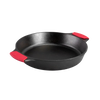 Handcrafted cast iron baker's skillet with dual handles featuring red silicone grips, designed for even heating and durability, part of Kitchen & Food, Cookware, Cast Iron, USA Made, Best Sellers, and Promo Eligible collections.