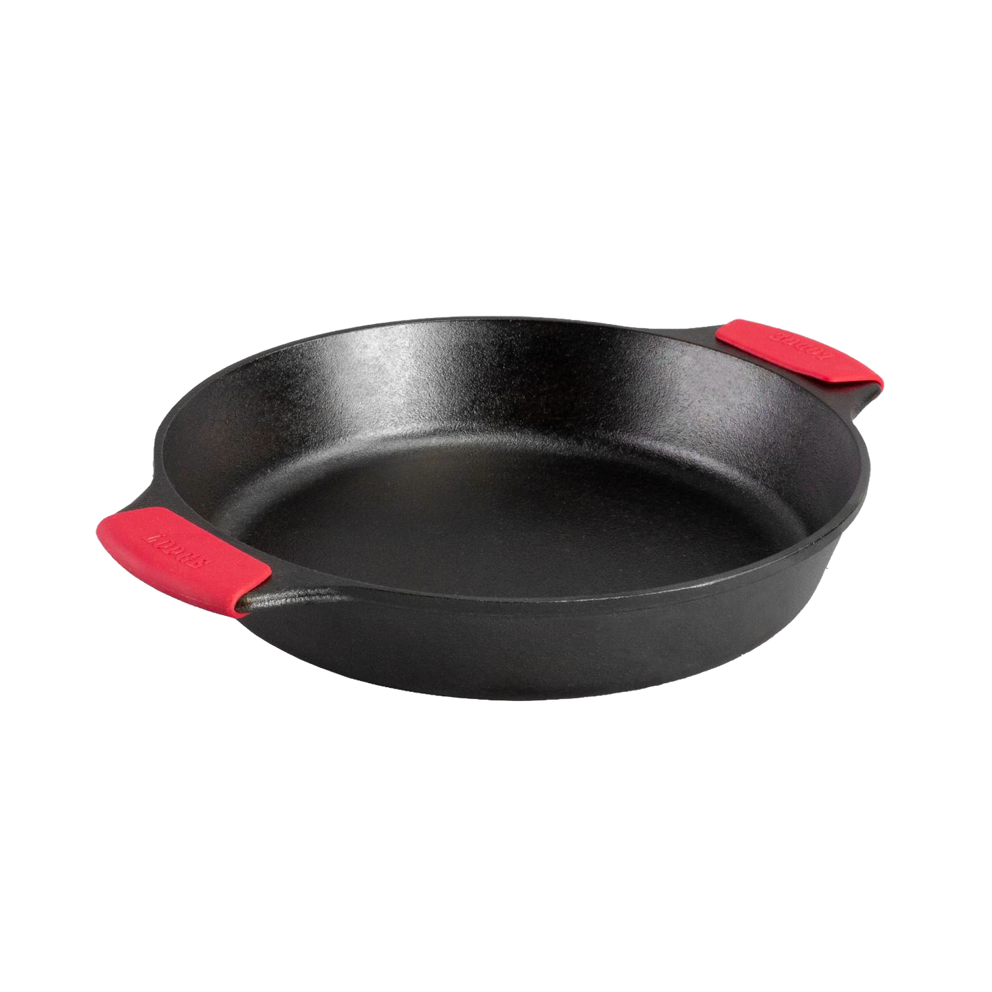 Handcrafted cast iron baker's skillet with dual handles featuring red silicone grips, designed for even heating and durability, part of Kitchen & Food, Cookware, Cast Iron, USA Made, Best Sellers, and Promo Eligible collections.