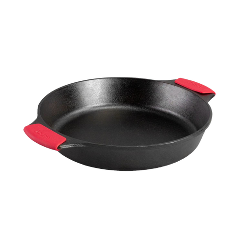 Handcrafted cast iron baker's skillet with dual handles featuring red silicone grips, designed for even heating and durability, part of Kitchen & Food, Cookware, Cast Iron, USA Made, Best Sellers, and Promo Eligible collections.