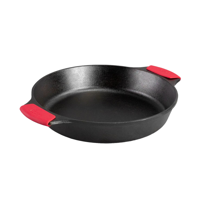 Handcrafted cast iron baker's skillet with dual handles featuring red silicone grips, designed for even heating and durability, part of Kitchen & Food, Cookware, Cast Iron, USA Made, Best Sellers, and Promo Eligible collections.