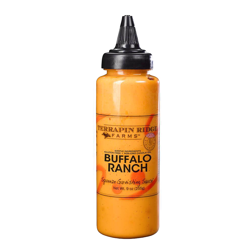 Plastic squeeze bottle filled with creamy orange Buffalo Ranch sauce featuring a black twist cap, ideal for Kitchen & Food, Pantry, Gluten Free, USA Made, and Best Sellers collections.