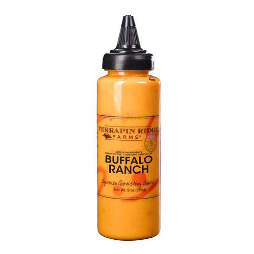 Plastic squeeze bottle filled with creamy orange Buffalo Ranch sauce featuring a black twist cap, ideal for Kitchen & Food, Pantry, Gluten Free, USA Made, and Best Sellers collections.