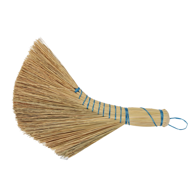 Handcrafted rice straw hand brush with a curved Dutch shape and blue binding, ideal for household cleaning and tidying floors or car mats, featured in Home & Decor and Cleaning Utensils collections.