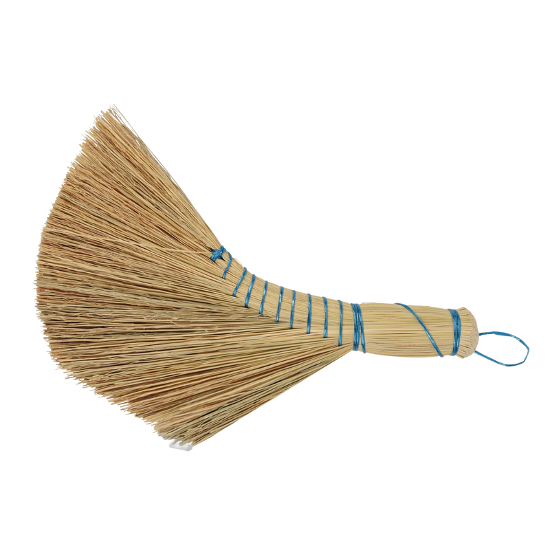 Handcrafted rice straw hand brush with a curved Dutch shape and blue binding, ideal for household cleaning and tidying floors or car mats, featured in Home & Decor and Cleaning Utensils collections.
