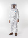 Person modeling white beekeeping coveralls with elastic cuffs and ankles, featuring a full-front zipper and a protective veil hat accessory, ideal for Farm, Garden & Tool and Beekeeping Supplies collections.