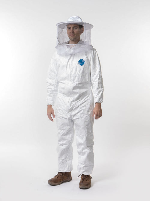 Person modeling white beekeeping coveralls with elastic cuffs and ankles, featuring a full-front zipper and a protective veil hat accessory, ideal for Farm, Garden & Tool and Beekeeping Supplies collections.