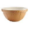 Light brown earthenware mixing bowl with raised geometric patterns on the exterior and a smooth white interior, part of Kitchen & Food, Cookware, Baking Supplies, and Best Sellers collections.