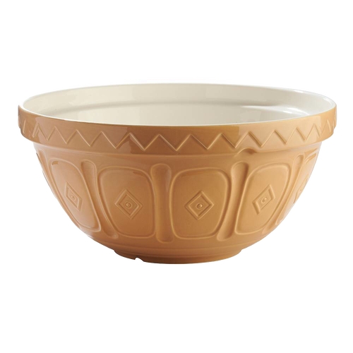 Light brown earthenware mixing bowl with raised geometric patterns on the exterior and a smooth white interior, part of Kitchen & Food, Cookware, Baking Supplies, and Best Sellers collections.