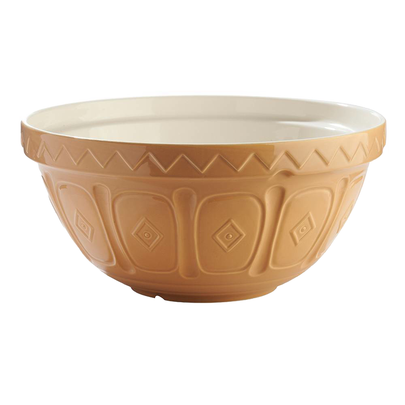 Light brown earthenware mixing bowl with raised geometric patterns on the exterior and a smooth white interior, part of Kitchen & Food, Cookware, Baking Supplies, and Best Sellers collections.