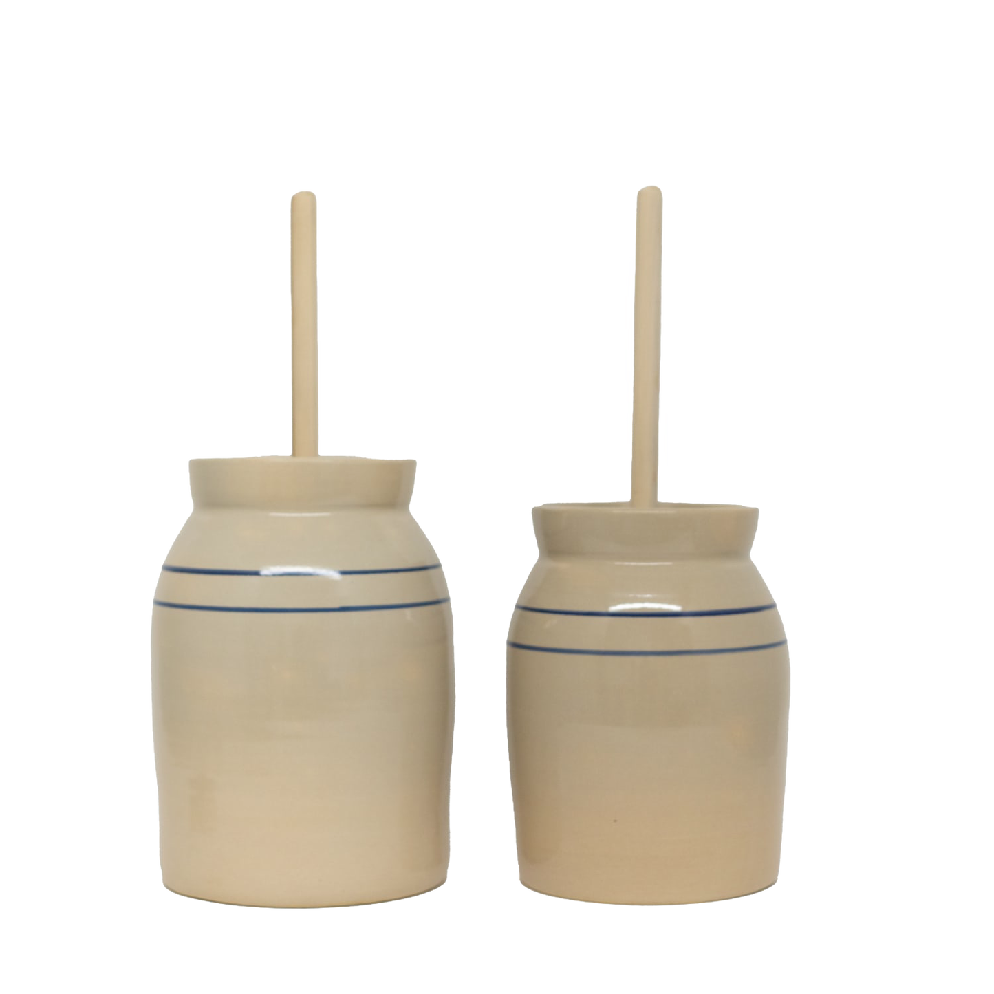 Two handcrafted stoneware butter churns in natural stone color with smooth unfinished wooden dashers and traditional double blue stripes, made in USA, featured in Kitchen & Food, Specialty Equipment, Making Butter, USA Made, Best Sellers, and Promo Eligible collections.