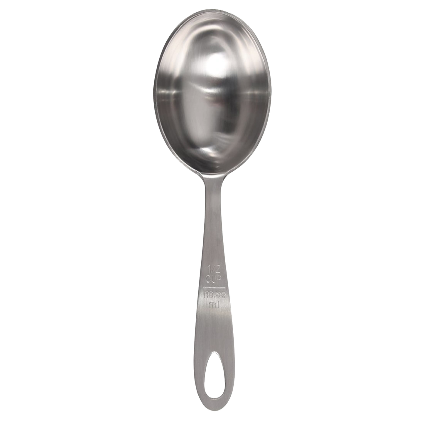 Single large stainless steel measuring scoop with engraved 1/2 cup capacity, designed for precise ingredient portioning in Kitchen & Food, Baking Supplies, and Measuring collections.