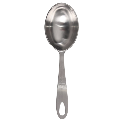 Single large stainless steel measuring scoop with engraved 1/2 cup capacity, designed for precise ingredient portioning in Kitchen & Food, Baking Supplies, and Measuring collections.