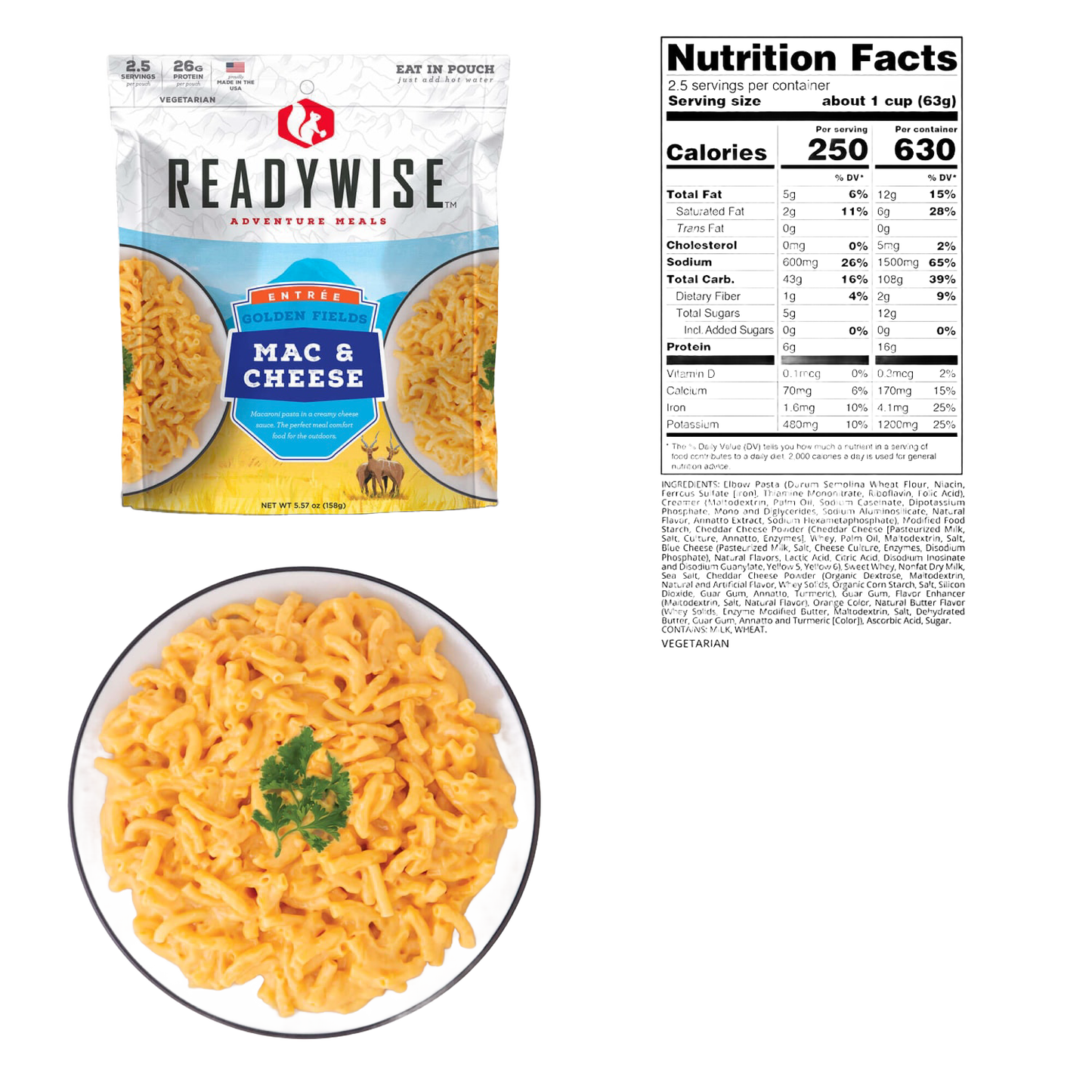 ReadyWise Golden Fields Mac & Cheese Meal Pouch displayed with prepared macaroni and cheese garnished with parsley, ideal for Camping, Kitchen & Food, Emergency Supplies, Pantry, and USA Made collections.