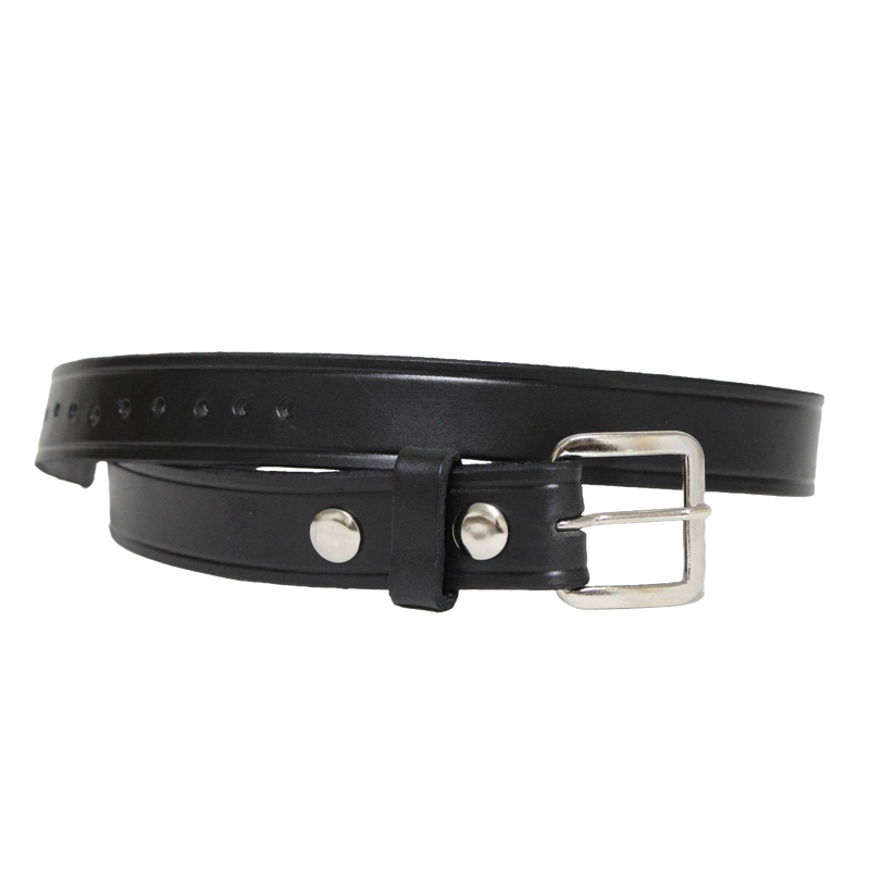 Handcrafted black genuine cowhide leather belt with polished chrome buckle and snap details, made in USA, part of Amish Made, Clothing and Accessories, Health & Wellness, and Best Sellers collections.