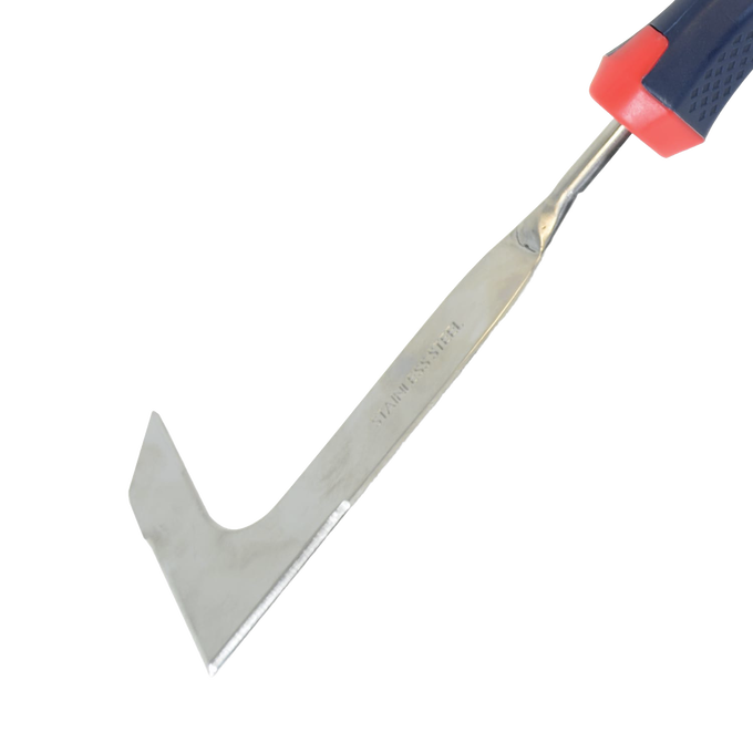 Slim stainless steel garden tool with a sharply angled blade and a bi-material contoured handle, ideal for removing moss from patio pavers in Farm, Garden & Tool collections.
