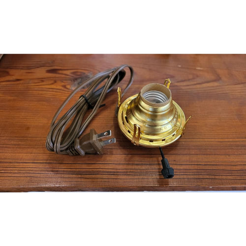 Solid brass electric burner with UL listed parts and six-foot brown cord, featuring threaded base for 3-inch chimneys, ideal for Lamps & Lighting and Electric Conversion collections.
