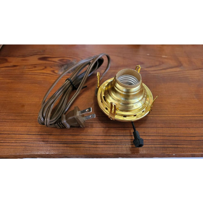 Solid brass electric burner with UL listed parts and six-foot brown cord, featuring threaded base for 3-inch chimneys, ideal for Lamps & Lighting and Electric Conversion collections.