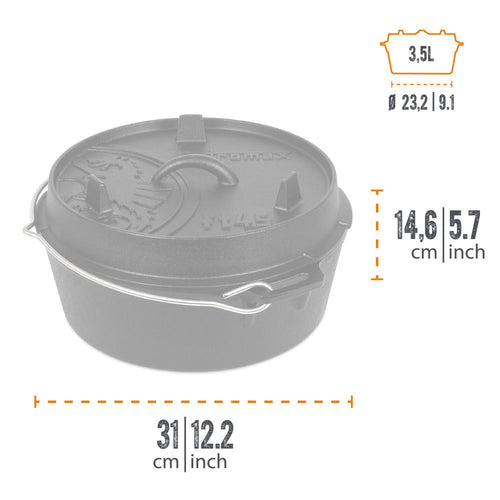 Black cast iron Dutch oven with flat base and embossed lid featuring a sturdy bail handle, showcasing compact dimensions, perfect for Kitchen & Food, Cookware, Cast Iron, Best Sellers, Promo Eligible collections.