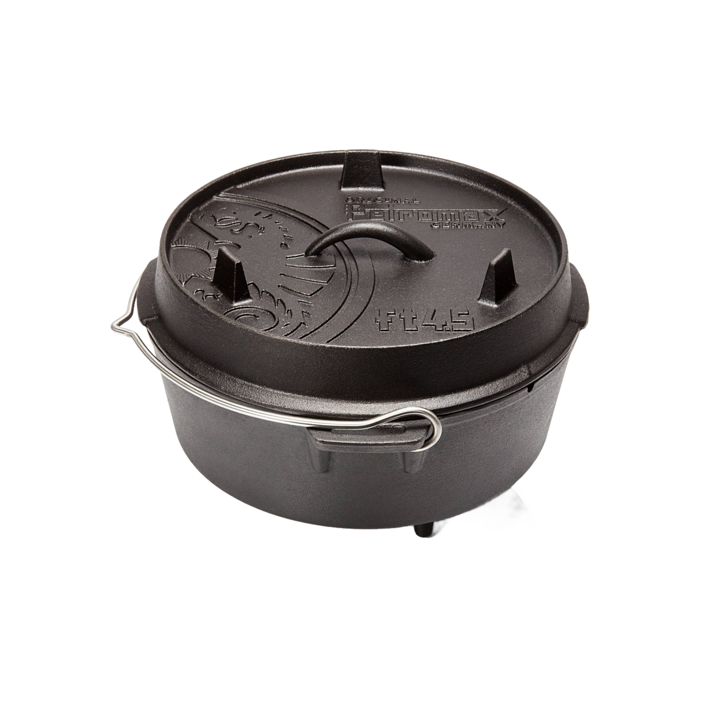 Sturdy black cast iron Dutch oven with three legs and a fitted lid featuring embossed details and a metal bail handle, ideal for Kitchen & Food, Cookware, Cast Iron, Best Sellers, and Promo Eligible collections.
