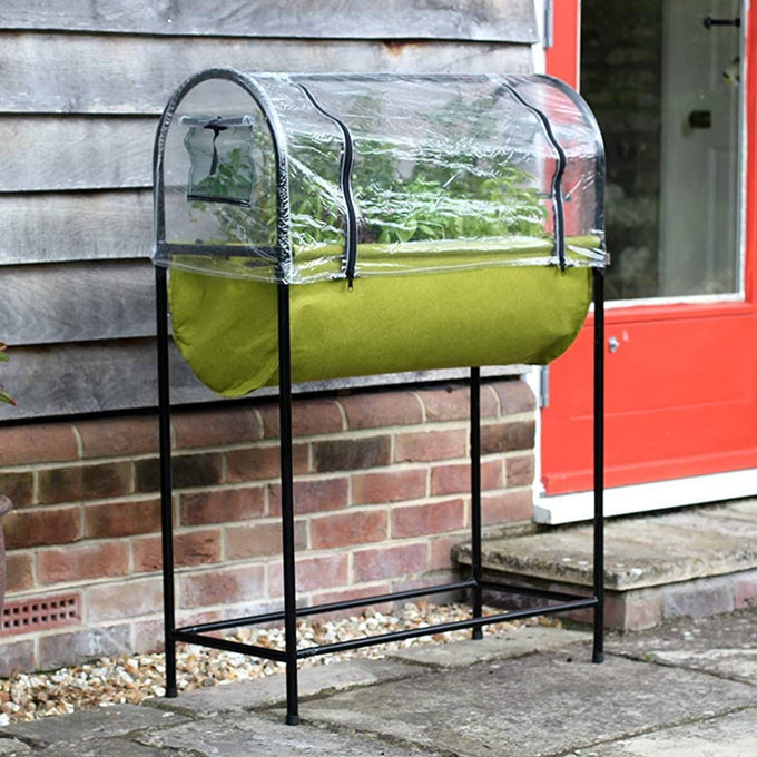 Green fabric raised bed garden planter elevated on a black metal frame with clear polyethylene greenhouse cover, ideal for small patios or balconies in Farm, Garden & Tool and Garden Accessories collections.