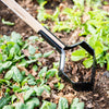 Push-pull garden hoe with a long ash wood handle and hardened steel serrated blade, designed for efficient weed removal in farm, garden, and lawncare tasks, USA made.