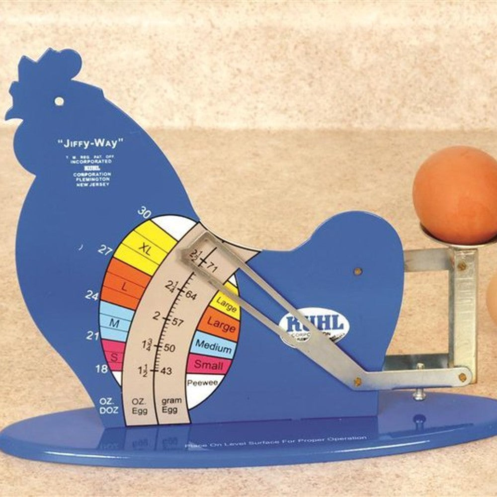 Handcrafted blue metal gravity egg scale shaped like a hen with a color-coded weight and size chart in ounces and grams, ideal for Farm, Garden & Tool, Animal Care, Best Sellers, and Promo Eligible collections.