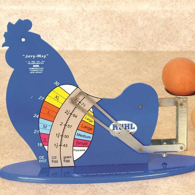 Handcrafted blue metal gravity egg scale shaped like a hen with a color-coded weight and size chart in ounces and grams, ideal for Farm, Garden & Tool, Animal Care, Best Sellers, and Promo Eligible collections.