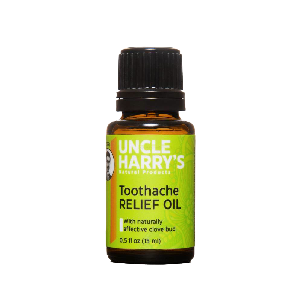Amber glass bottle of Uncle Harry's Toothache Relief Oil with green label highlighting clove bud ingredients, part of Health & Wellness and Grooming collections.