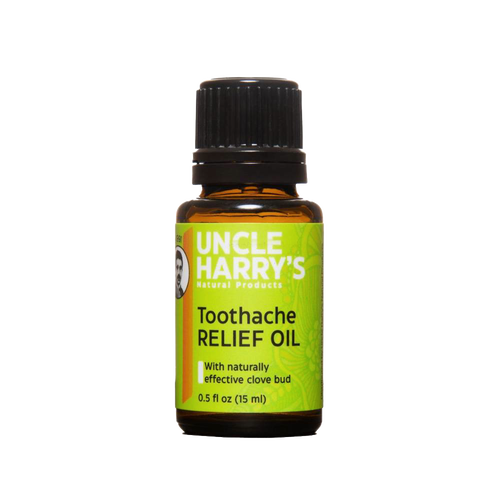 Amber glass bottle of Uncle Harry's Toothache Relief Oil with green label highlighting clove bud ingredients, part of Health & Wellness and Grooming collections.