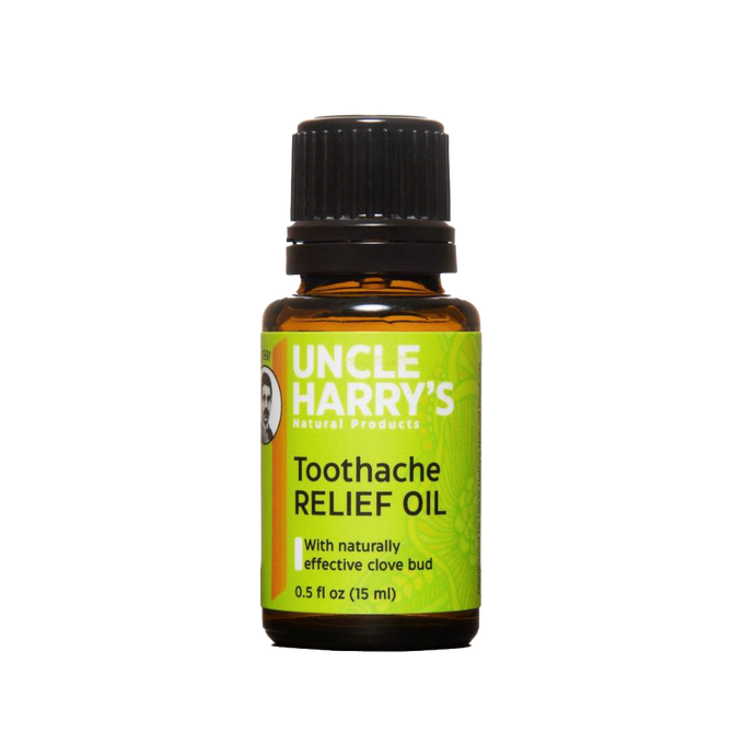 Amber glass bottle of Uncle Harry's Toothache Relief Oil with green label highlighting clove bud ingredients, part of Health & Wellness and Grooming collections.