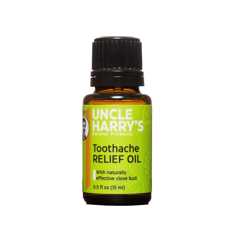 Amber glass bottle of Uncle Harry's Toothache Relief Oil with green label highlighting clove bud ingredients, part of Health & Wellness and Grooming collections.