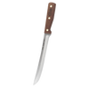 Slicing knife with a 9-inch high-carbon steel blade and wooden handle featuring brass rivets, designed for precise food preparation in kitchen and farm tool collections.
