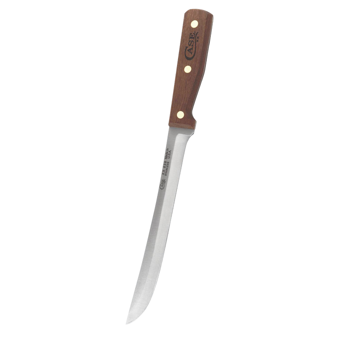 Slicing knife with a 9-inch high-carbon steel blade and wooden handle featuring brass rivets, designed for precise food preparation in kitchen and farm tool collections.