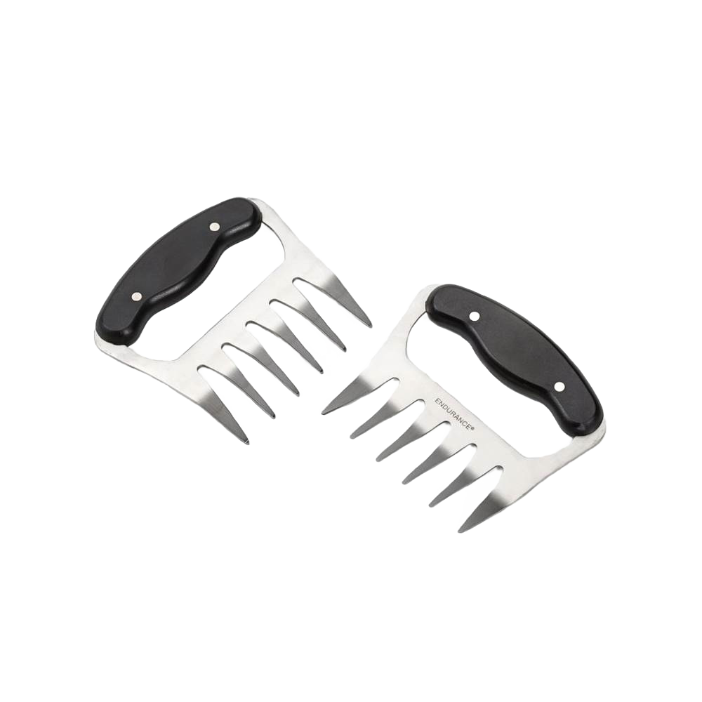 Pair of stainless steel meat shredding claws with black ergonomic handles, perfect for pulling pork and smoked meats, featured in Kitchen & Food and Kitchen Gadgets collections.