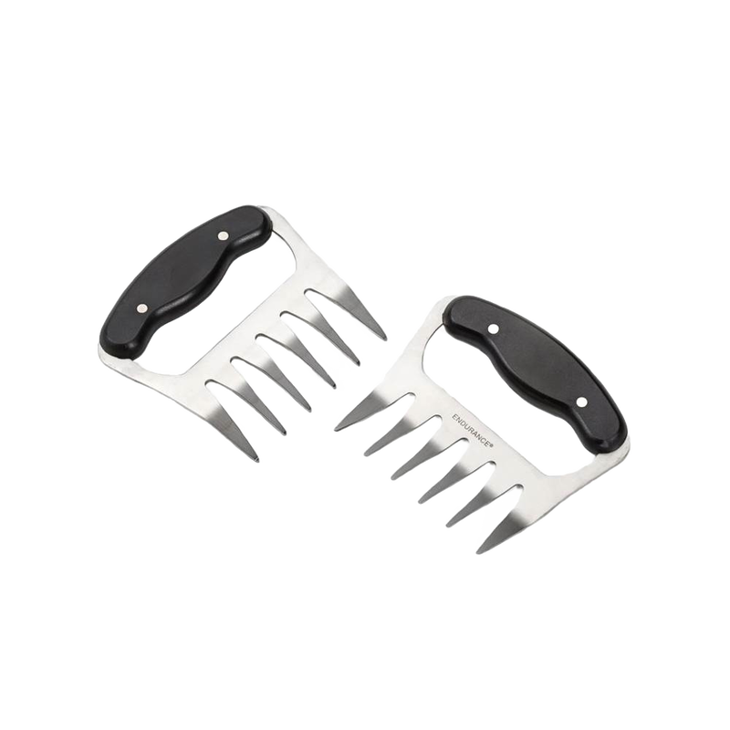 Pair of stainless steel meat shredding claws with black ergonomic handles, perfect for pulling pork and smoked meats, featured in Kitchen & Food and Kitchen Gadgets collections.