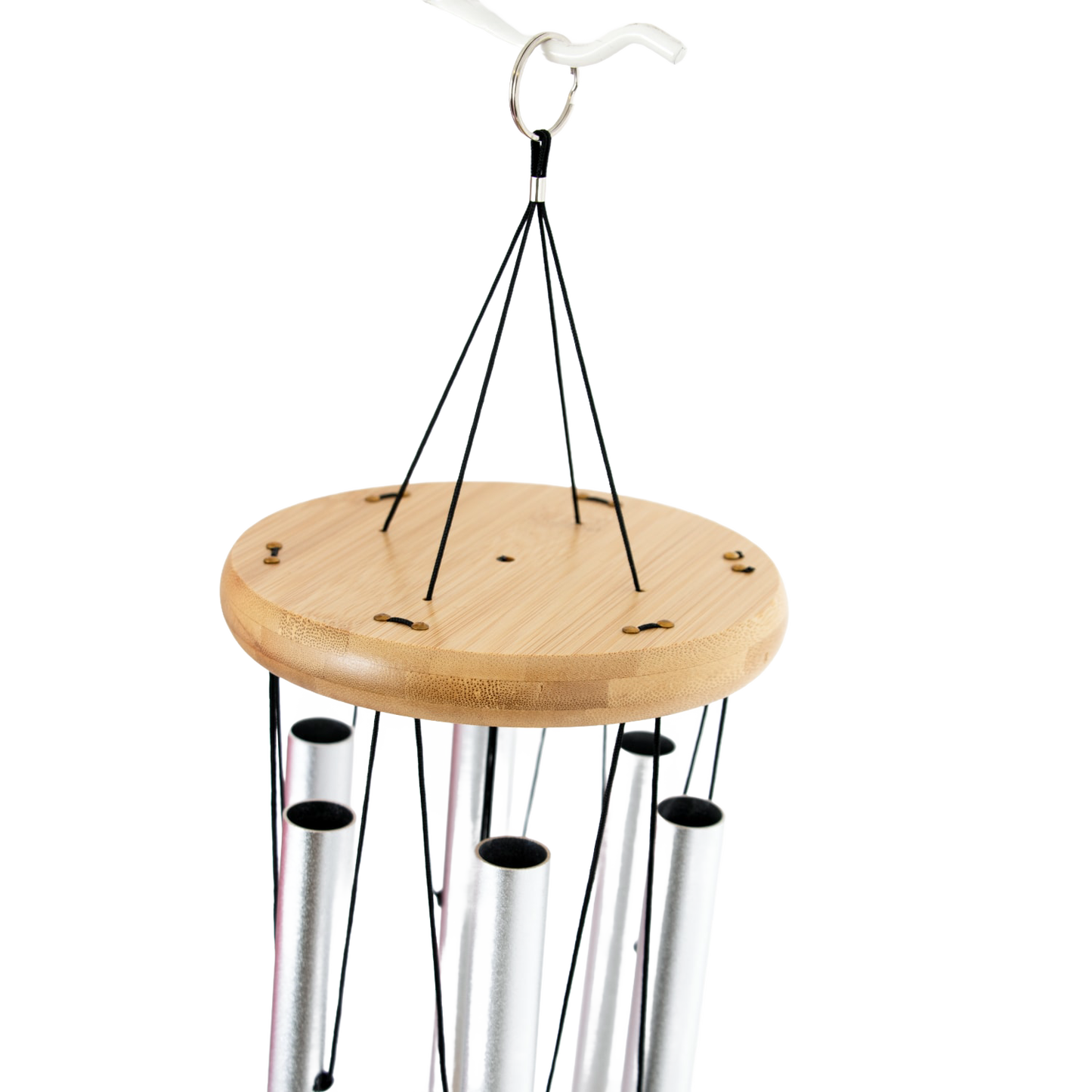 Handcrafted windchime with silver metal tubes and smooth circular wooden windcatcher, designed to bring calming melodies to farm, garden, and outdoor living spaces.