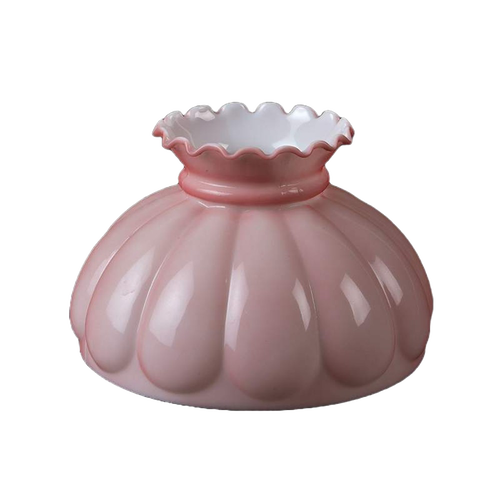 Victorian-style pink oil lamp shade with scalloped edge and fluted design, suitable for lamps and lighting, parts and accessories, and lamp shades collections.