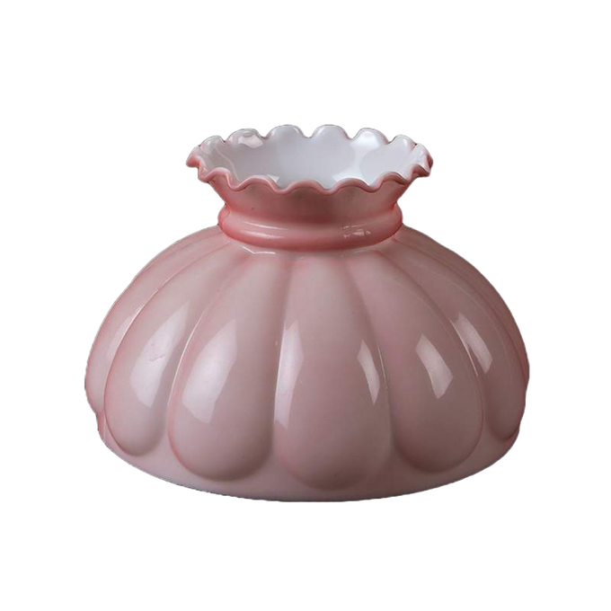 Victorian-style pink oil lamp shade with scalloped edge and fluted design, suitable for lamps and lighting, parts and accessories, and lamp shades collections.