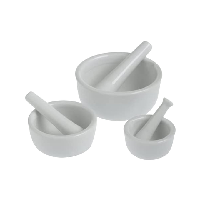 Set of three white porcelain mortar and pestles in varying sizes for grinding and blending ingredients, perfect for Kitchen & Food, Food Prep, and Cooking Helpers collections.